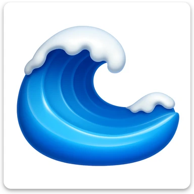 Create a wave emoji that looks exactly like the reference image in classic iOS emoji style. The emoji should be 3D with shiny, smooth gradients, soft shadows, and use blue and white colors to match the classic emoji look. Add a glossy effect to the water surface. sticker