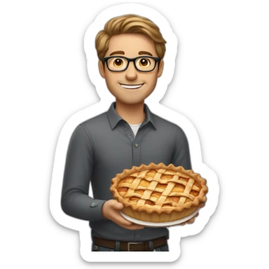 Short light brown hair guys with glasses eatings an apple pie sticker
