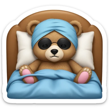 sleepy cute bear with sleeping mask sitting on comfiest bed sticker