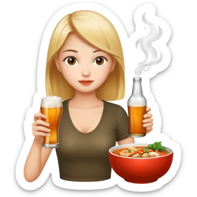 a young woman full length wathing series with a bottle of beer and tom yum  sticker