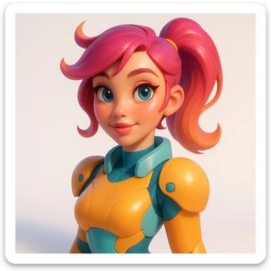 3D sculpture of female character in Pixar × Overwatch × Loish style, smooth shapes, warm porcelain skin, smooth and plastic finish, vivid pastel colors, soft bloom, white gradient background, juicy highlights on eyes and lips, no contours or rough textures sticker
