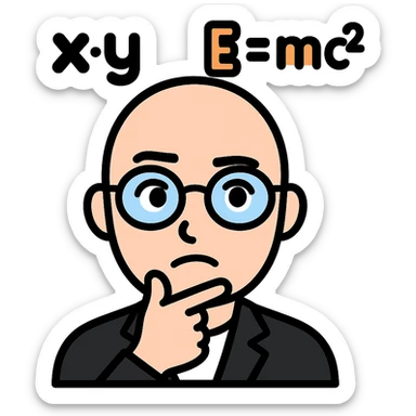 Add a thinking expression to the bald man with glasses and math equations over his head, keep the background transparent. sticker
