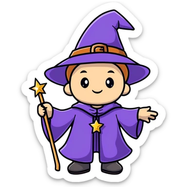 cartoon wizard kid with a big hat and sparkles sticker