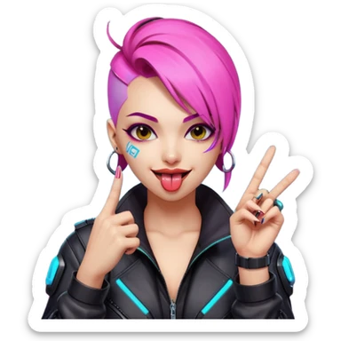 Woman with her tongue out in cyberpunk clothing and giving the middle finger. Looking naughty. sticker