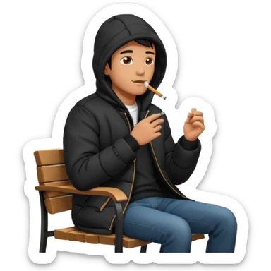A man sitting on a chair, wearing a black puffed coat with hood, hands in his pocket, smoking a cigaret, he is on a chair, the chair is an outside coffe terrasse chair sticker