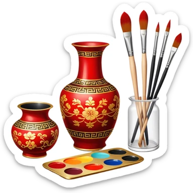 Chinese metal painting icon, delicate Chinese patterns painted on a metal vase, visible fine paintbrush, paint pots, and accessories like porcelain palette and cloth, vibrant colors like red, gold, and black, minimalistic style, clean lines, transparent background. sticker