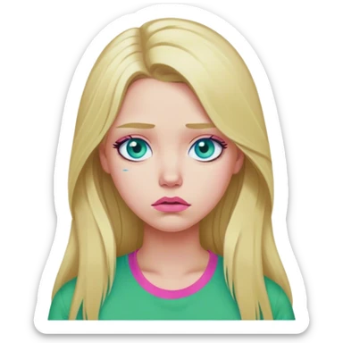Cinematic realistic blonde with long hair, blue eyes and pink lips, wearing a green T-shirt, sad sticker