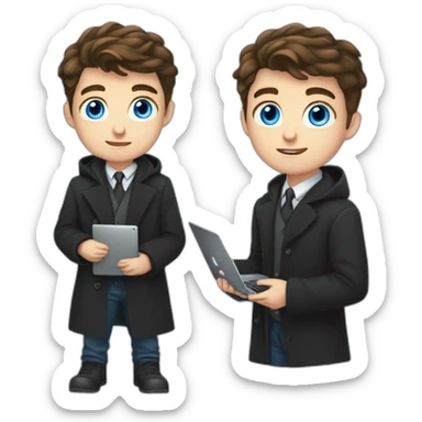 Blue eyes ,uses laptop in hands, uses laptop in hands, Blue eyes, Classy programmer, 13 years old, coat, formal outfit, pc in hands, brunette boy, black coat, all body sticker