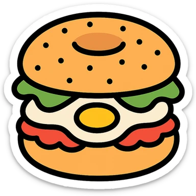 bagel sandwich with eggs and vegetables, outlined icon with color accents, Pinterest-inspired sticker