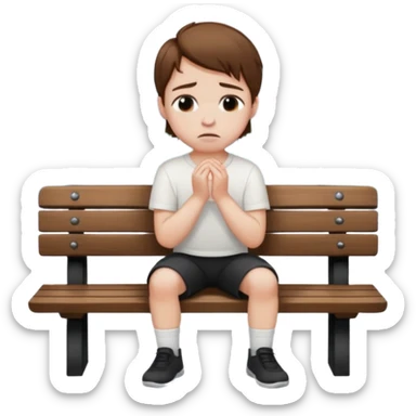 boy with brown hair black short and a white shirt sitting sobbing by himself on a bench with a lake in the back  sticker