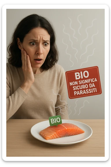 Donna tra i 30 e i 40 anni, seduta a tavola con espressione sorpresa e preoccupata mentre guarda un piatto elegante di salmone crudo etichettato 'BIO'. In trasparenza sopra il salmone si vedono parassiti intestinali stilizzati, come larve o vermi sottili, fluttuanti nell’aria. Accanto al piatto, una scritta fluttuante in stile etichetta rossa avverte: 'BIO non significa sicuro da parassiti'. Atmosfera visivamente pulita ma con tensione sottile, colori realistici con accento sul contrasto tra immagine 'salutare' e minaccia invisibile sticker