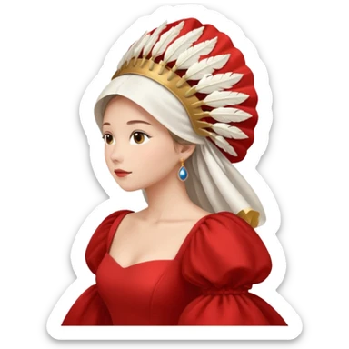 mujer de perfil con un vestido rojo de manga y falsas largas y voluptosas, y una toca blanca GRANDE que cubre su cara de perfil sticker