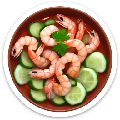 Shrimps in bowl with red sauce and cucumber onions cilantro  sticker
