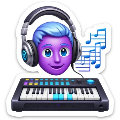Create a sleek and modern emoji that represents sound design. The design should feature sound waves made from musical notes, a sound mixing console, and a pair of studio headphones to symbolize the process of creating and shaping sound. Include elements like a synthesizer or audio effects buttons to highlight the creative tools used in sound design. Use futuristic colors like neon blue, purple, and silver to convey the cutting-edge, experimental nature of sound creation. The background should be transparent. sticker