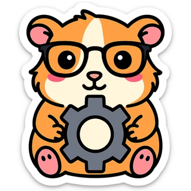 Make the guinea pig match the original reference: same face and glasses style, but holding a gear for a settings app, in a cute, outlined, colorful style. sticker