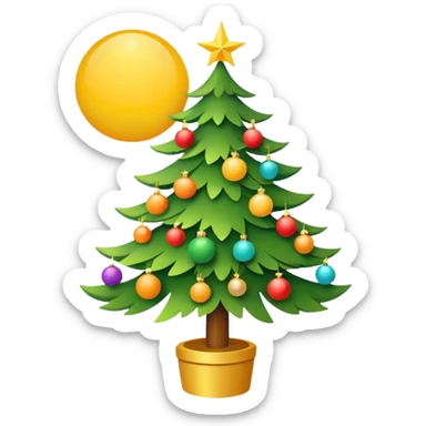 A bright sun next to a decorated Christmas tree, symbolizing summer party and Christmas celebration. Minimal details, flat colors, rounded shapes. sticker