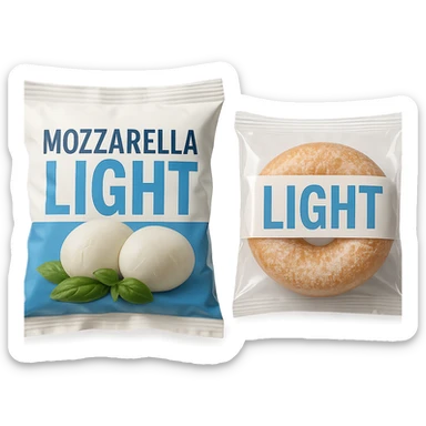 PACCHTTO DI MOZZARELLA LIGHT CON LA SCRITTA "LIGHT" SULLA CONFEZIONE, ACCANTO AD UN DONUT CONFEZIONATO CON LA SCRITTA "LIGHT" SULL'ETICHETTA,  iperrealistico 4k sticker