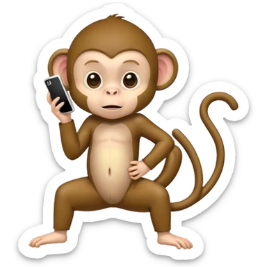 side profile of little boy in monkey costume holding an iPhone with one leg bent and hand on hip sticker