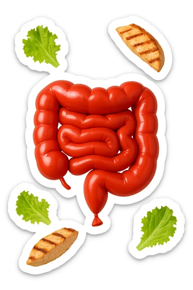 intestino chiuso in un palloncino rosso e foglie di insalata e petto di pollo grigliato che fluttuano intorno sticker