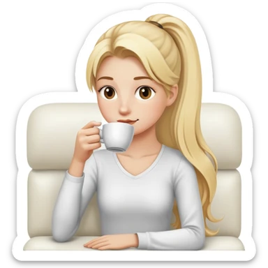 girl with long blonde pony tail sipping coffee on white couch sticker