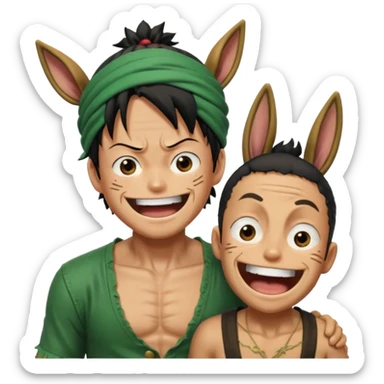 Luffy is riding on Zoro's back, and Zoro looks hilariously like the donkey. Zoro looks angry, and Luffy is laughing. The whole scene is very funny. sticker