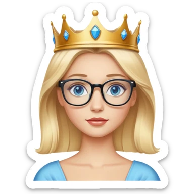 beautiful princess with blonde hair, bright blue eyes, wearing stylish glasses and a crown sticker