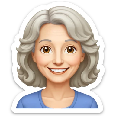 "- Nữ
- 60 tuổi
- Da trắng
- Tóc ngang vai, xoăn nhẹ
- Mặt cười tươi, vui vẻ, mắt đen sticker