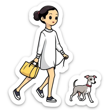 Pretty Asian girl with attractive features walking an all grey Italian greyhound with no white nose sticker