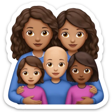 Simple family emoji where the dad is darker skinned and bald, the mom is lighter skinned with brown hair. Also two daughters with one having slightly darker skin and black wavy hair. The other daughter with lighter skin and wavy brown hair. sticker