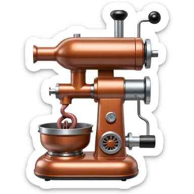 sausage-processing droid. retro-futuristic style. top is a circular industrial meat grinder with rotating gears and blades. Two robotic arms feed material into grinder. Sausage links extrude from the rear like  factory. The body is metallic, compact, and floats above the ground.no legs. Dark humor sticker