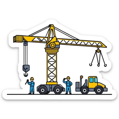 3 mechanics guys standing around a crane sticker