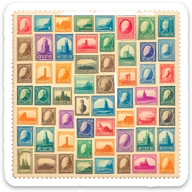 Icon for Stamp Collecting: a large stamp block in the center and a collection of vintage and colorful stamps arranged in an album or on a desk, with showcasing different themes. The icon should reflect the charm and history of philately. Transparent background. sticker