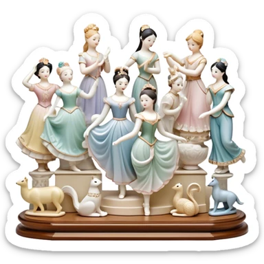 Icon for Porcelain Figurine Collecting: a collection of delicate porcelain figurines, such as animals, dancers, and historical characters, displayed on a shelf or in a display case. The icon should convey the elegance and artistry of collecting porcelain statues. Transparent background. sticker