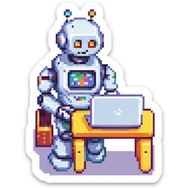A funny robot using a laptop, bright colors, cartoonish and humorous. sticker