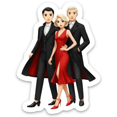 Ultra detailed realistic tango couple icon, black background, dramatic lighting, long black coat on man, white shirt and white shoes, red dress and white heels on woman, centered, minimal background, high contrast, 4K resolution, profile picture ready, sharp clean edges sticker