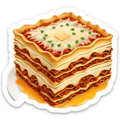 Lasagne alla Bolognese Cinematic Realistic Lasagne alla Bolognese Dish Emoji, depicted as a messy, layered pasta dish overflowing with melted cheese and rich meat sauce, rendered with hearty textures and warm, indulgent lighting. sticker