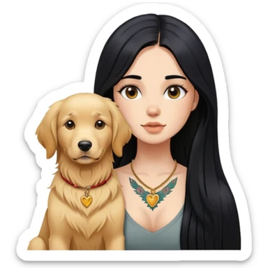 girl with long black  straight hair and chest tattoos and  a golden retriever sticker