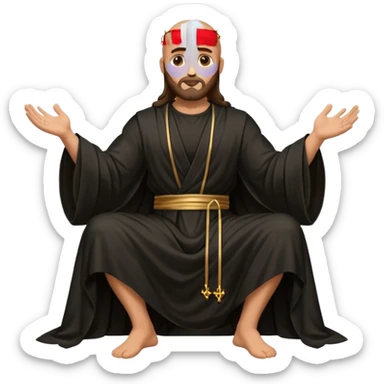 fullbody bald jesus christ jacked, sleeveless black robe sitting hand down sticker