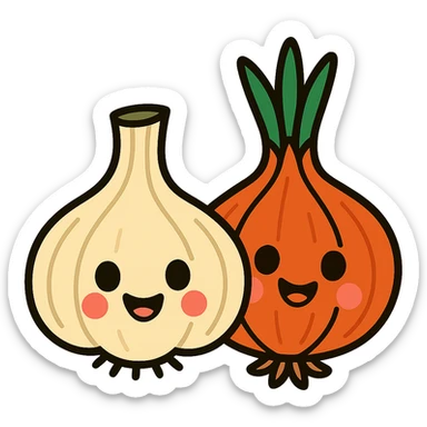 vibrant cartoon style garlic and onion with smiling faces sticker