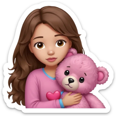 girl with long wavy brown hair, brown eyes, light to medium complexion, in a pink shirt, pink lips, long lashes, sad, hugging squeezing  a teddy bear with hearts sticker