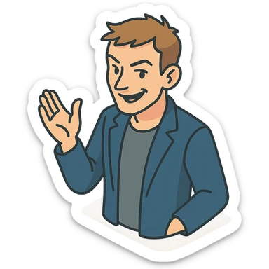 Lively and clever male debater, fair skin, short messy light brown hair, sharp eyes with a mischievous smile, wearing indigo blazer over a casual t-shirt, one hand raised mid-gesture, waist-up sticker
