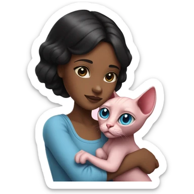 A girl with black hair hugs a pink sphinx cat with blue eyes  sticker