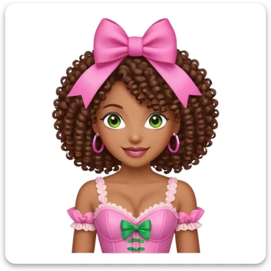 black woman with green eyes, curly hair, pink bow, pink corset, smiling sticker