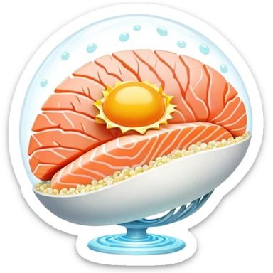 A sparkling crystal brain surrounded by pieces of salmon, a golden egg yolk, and fermented soy floating in a spiral. Thin light beams connect from these foods to glowing points on the brain surface, creating a circuit of expanded focus. sticker
