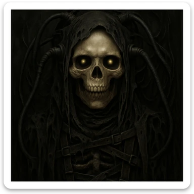Add black rags and bondage straps to the dark intertwined wires and black creature, keeping the dark surreal look inspired by H.R. Giger's style. Maintain the skull, wires, and overall eerie atmosphere in the image. sticker