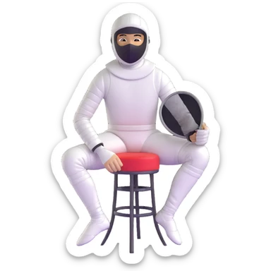 epee fencer sitting on a stool with fencing mask under arm waiting for match sticker