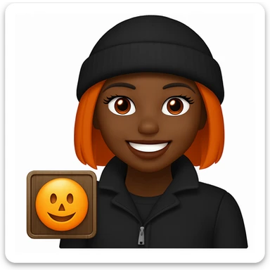 Make the subject wear a black beanie on her head and a black jacket, originally in apple style emojis sticker