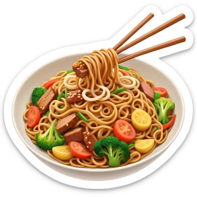 Cinematic Realistic Mie Goreng Dish Emoji, featuring stir‚Äêfried noodles with vegetables and meat rendered with dynamic textures and warm, appetizing lighting. sticker