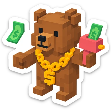 Russian grizzly bear wearing a rapper chain and holding a money gun sticker