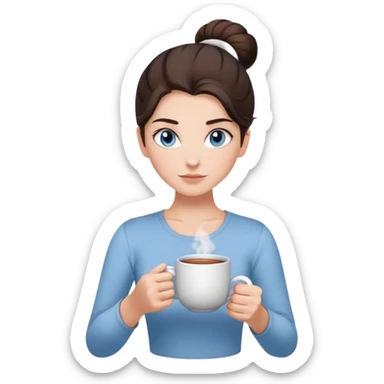 With her dark brown hair pulled back in a bun, and captivating grey-blue eyes, the girl holds a mug of tea, the steam rising like a gentle promise of warmth, clad in a simple white t-shirt.  sticker